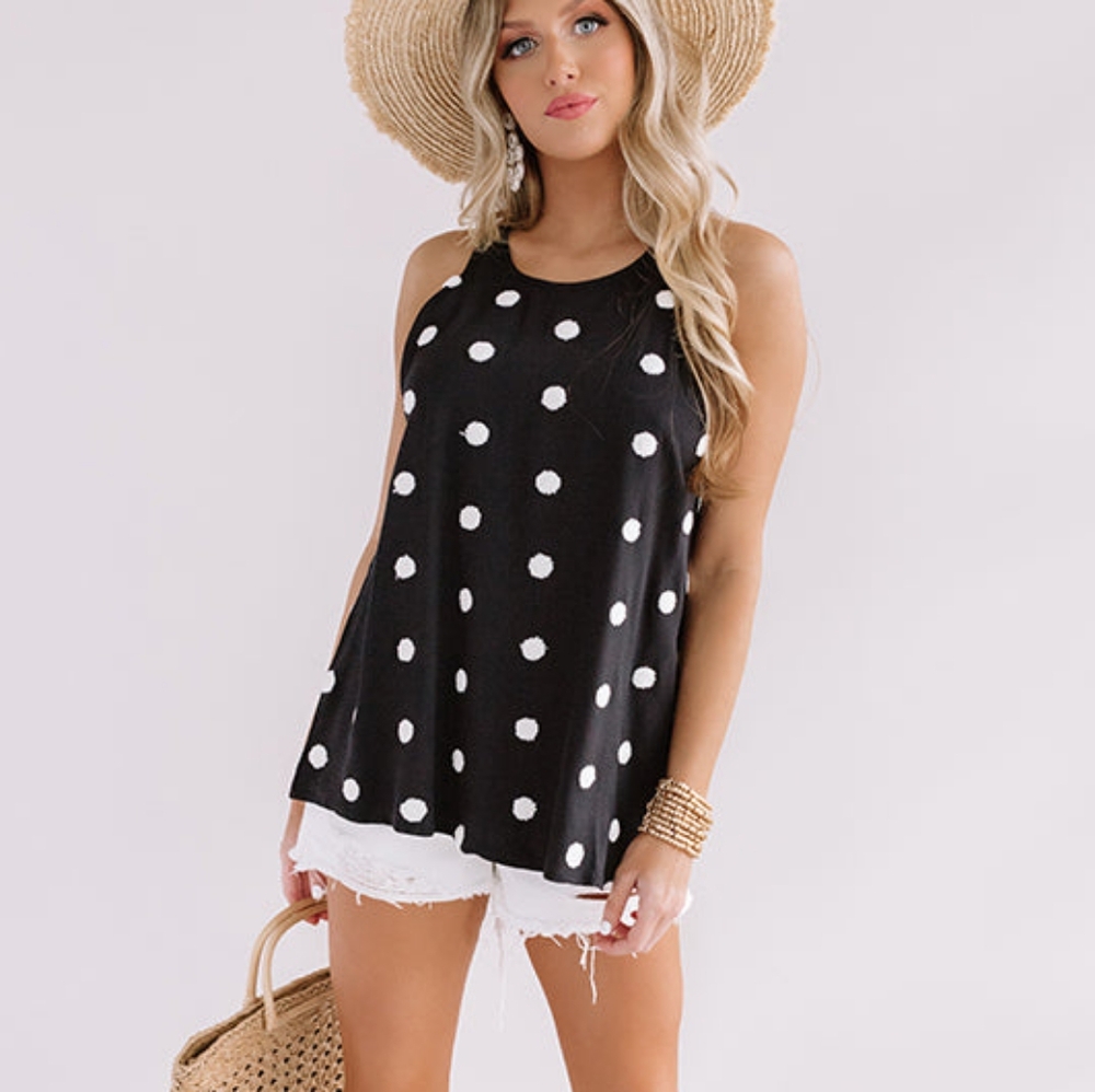 E&M Textured Polka Dot Tank High Neck Black White Size S